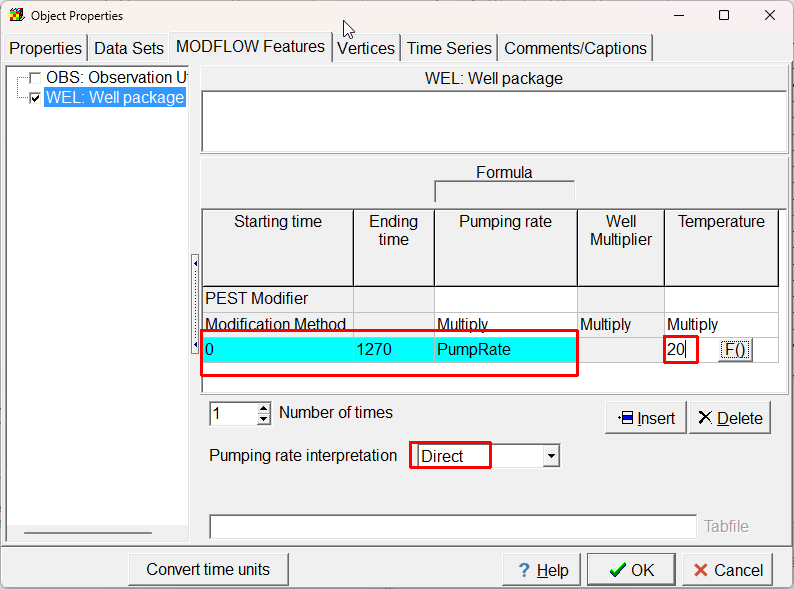 Screen capture of the Object Properties dialog box specifying the properties of the well