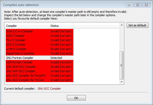 CodeBlock Compiler auto-detection with GNU Fortran Compiler selected