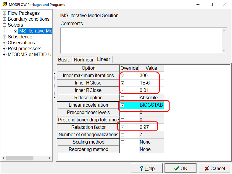 CSUB Example: Linear solver options