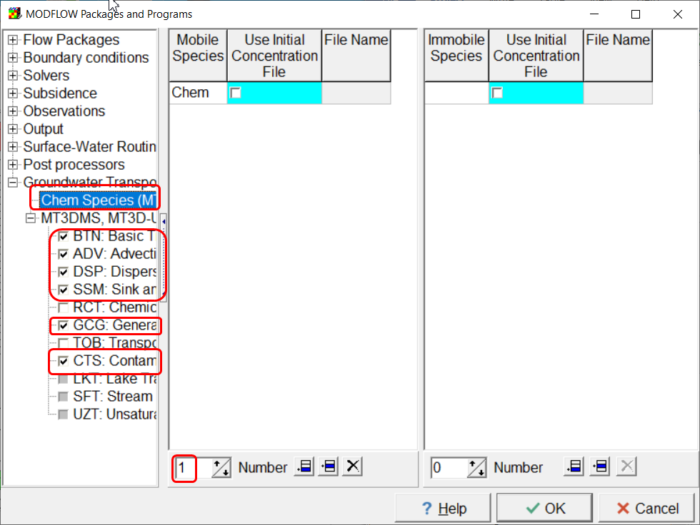 Activate MT3D-USGS packages and define one chemical species.