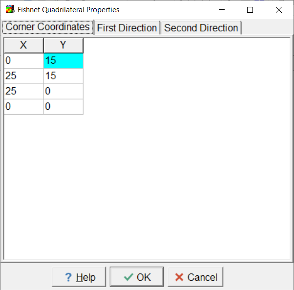 Screen capture of the Fishnet Quadrilateral Properties dialog box showin the quadrilateral corner coordinates