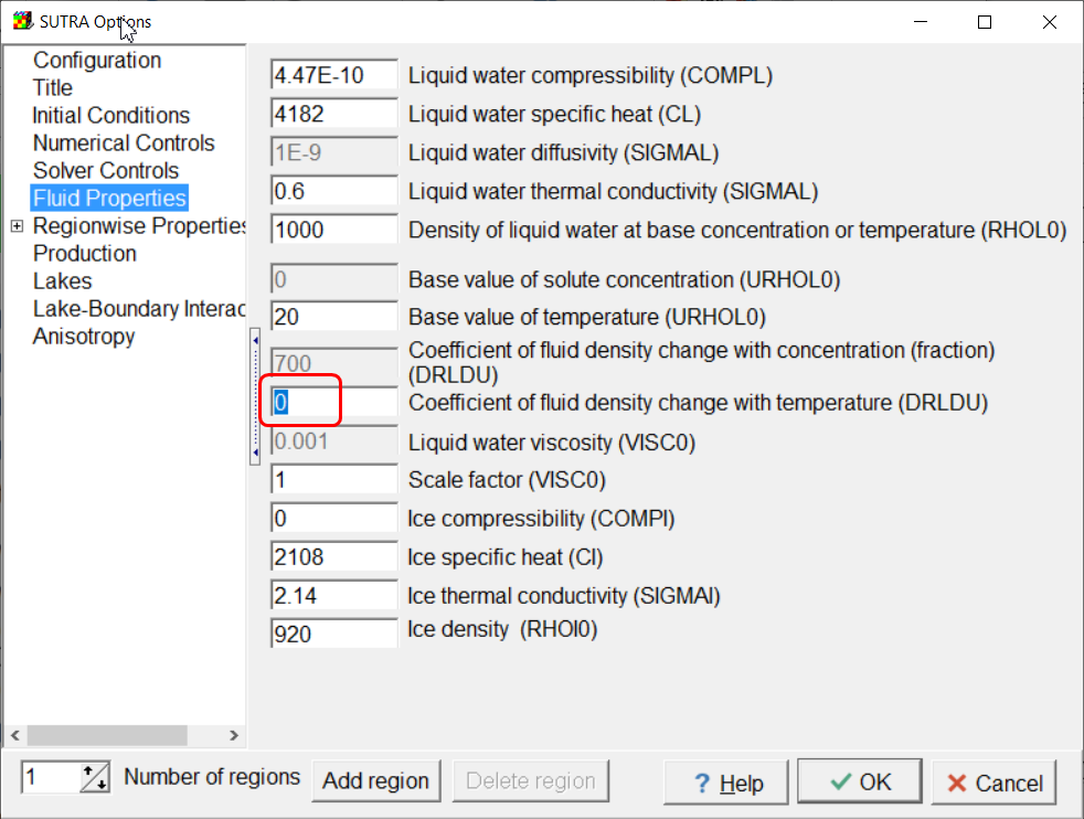 Screen capture of the Fluid Properties pane showing the value of DRLDU.