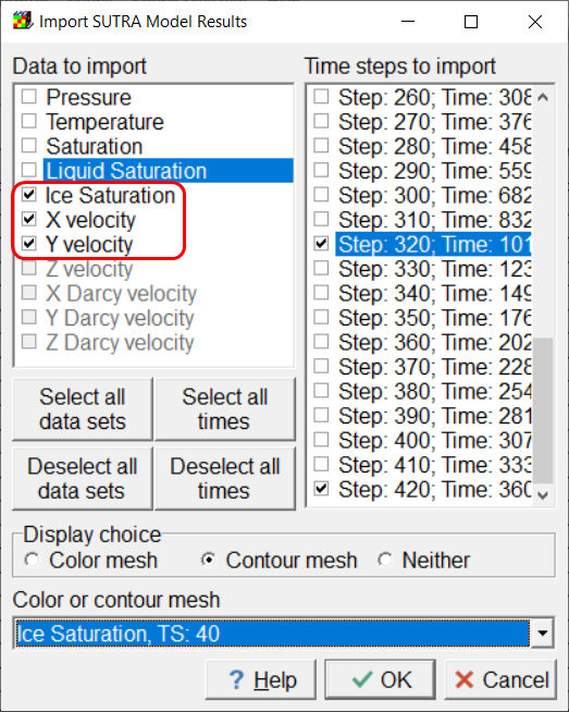 Screen capture of the Import SUTRA Model Results dialog box illustrating the import of the ice saturation and x and y velocities.