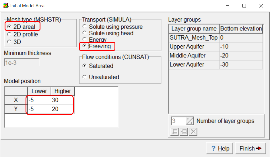 Screen capture of the ModelMuse Initial Model Area dialog box with 2D areal and Freezing transport selected.