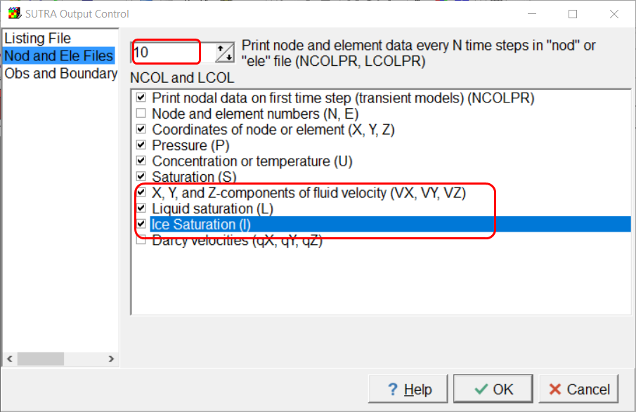 Screen capture of the ModelMuse SUTRA Output Control dialog box showing some items that should be specified in the model.