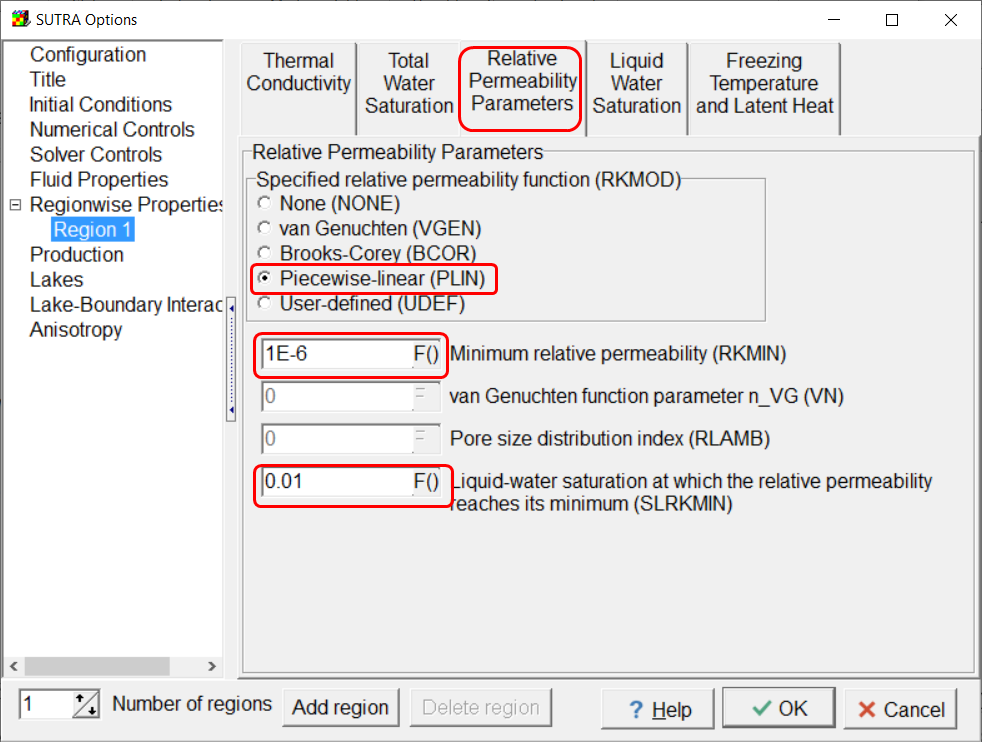 Screen capture of the Relative Permeability Parameters tab illustrating changes to be made on this tab.