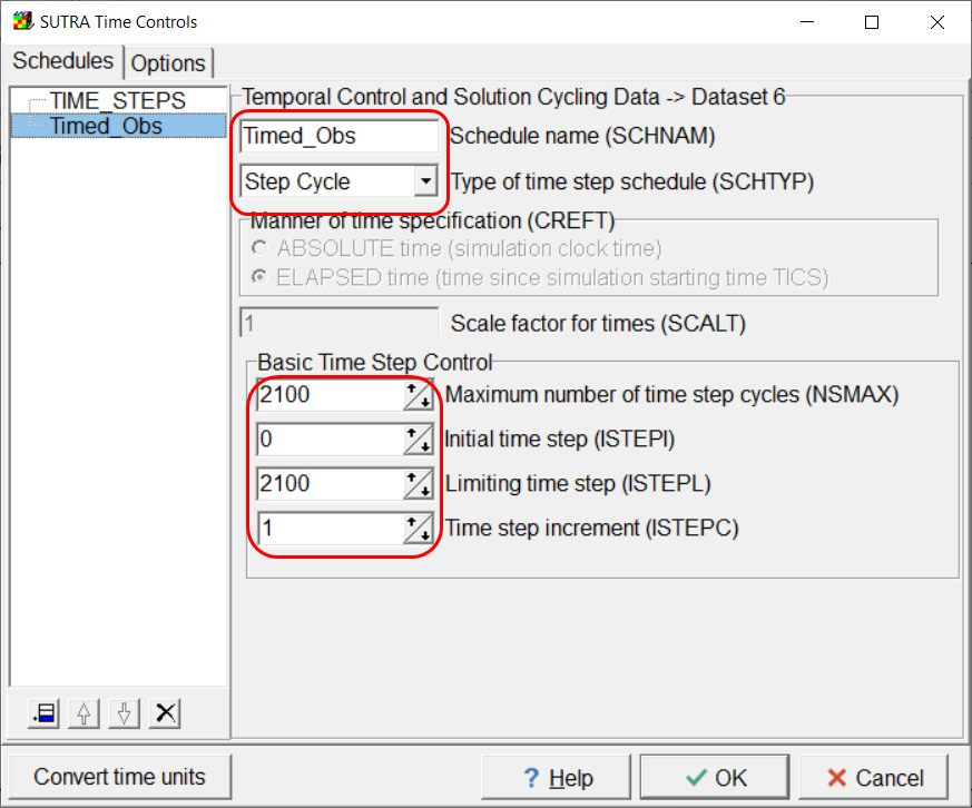 Screen capture illustrating the values assigned to the Timed_Obs schedule.