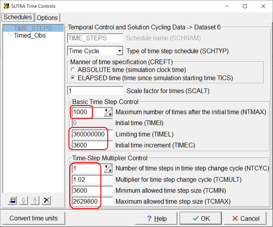 Screen capture illustrating the values assigned to the TIME_STEPS schedule.