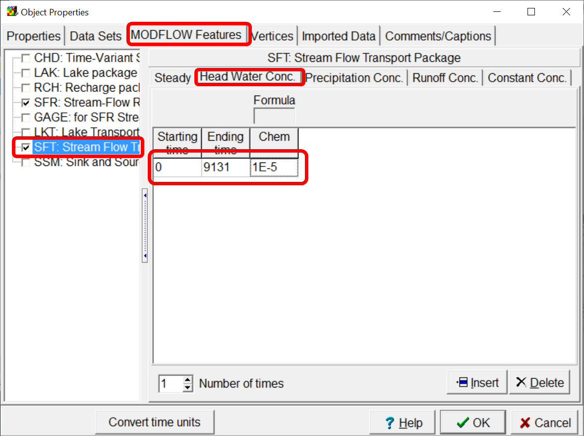 Object Properties dialog box showing how to specify the headwaterconcentration in the stream