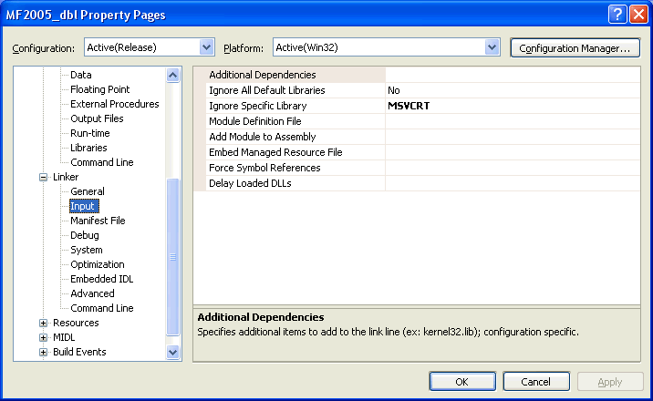 illustration showing how to ignore the MSVCRT library.