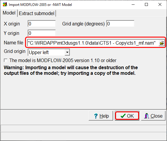 Select the flow model name file "cts1_mf.nam/"