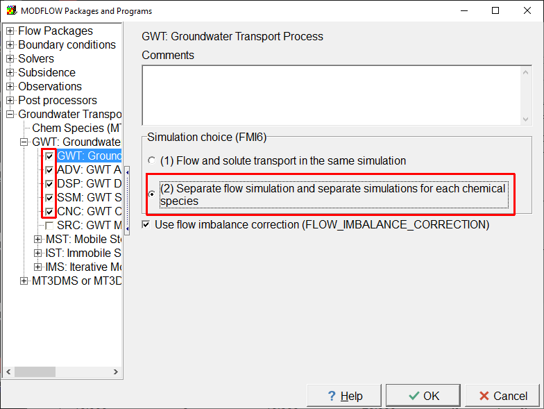 Screen capture of the MODFLOW Packages and Programs dialog box illustrating the activation of the GWT Process and related packages.