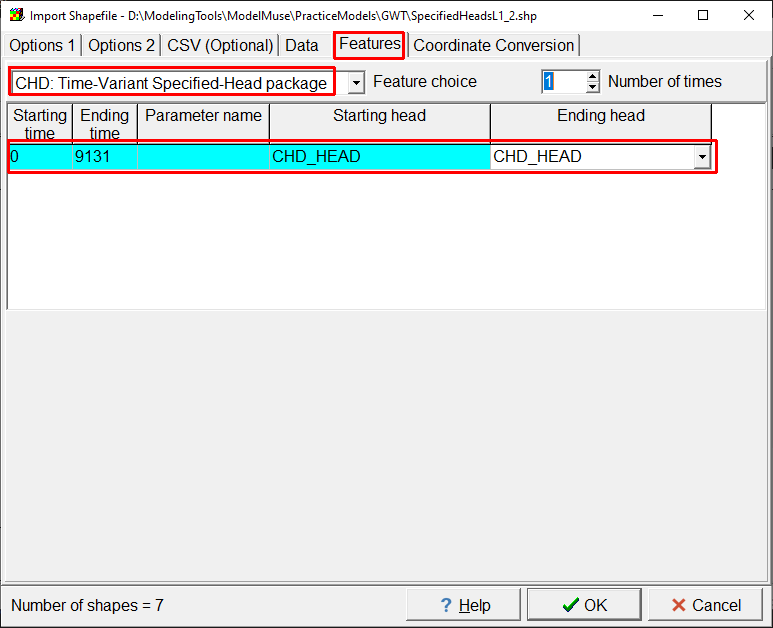 Screen capture of the Import Shapefile dialog box showing options on the Features tab.