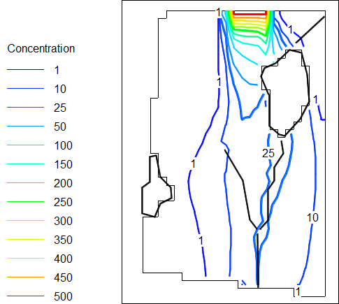 Plot of concentrations in the top layer of the model.