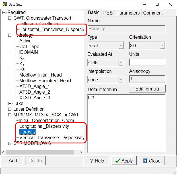 Screen capture of the Data Sets dialog box illustrating the specification of default formulas for several data sets.