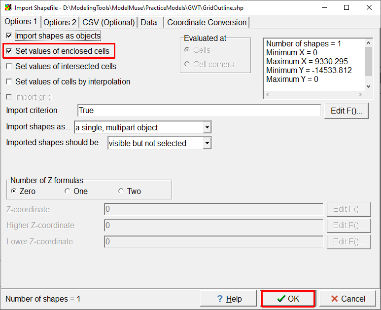 Screen capture of the Import Shapefile dialog box with the "Set values of enclosed cells" checkbox checked.