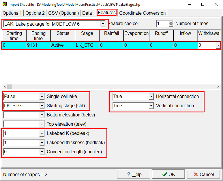 Screen capture of the Import Shapefile dialog box showing the import of lakes.