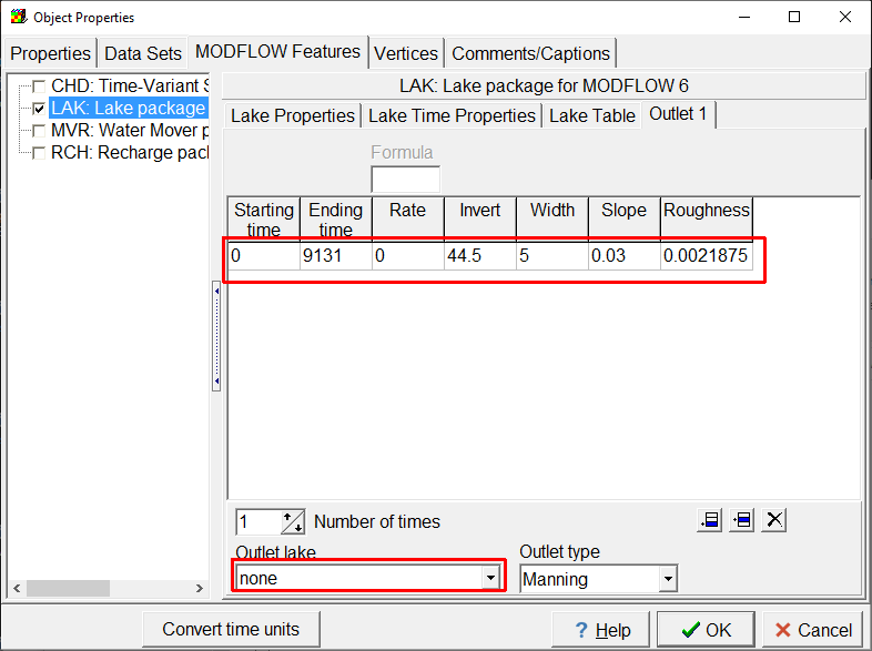 Screen capture of the Object Properties dialog box illustrationg the specification of a lake outlet.