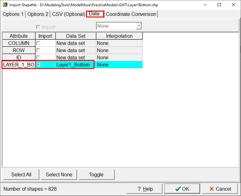 Screen capture of the Import Shapefile dialog box with the LAYER1_BO attribute being used to specify the Layer1_Bottom data set.