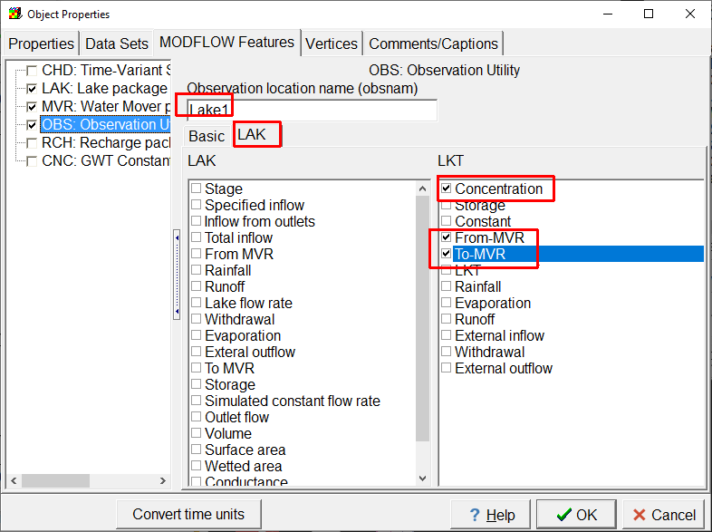 Screen capture of the Object Properties dialog box illustrating the specification of lake transport observations.