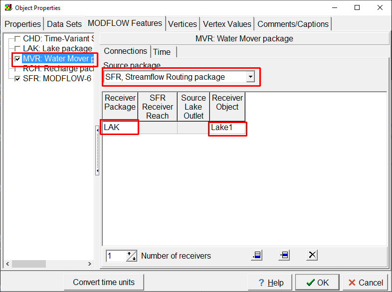 Screen capture of the Object Properties dialog box illustrating the specification of the MVR package from a stream to a lake.