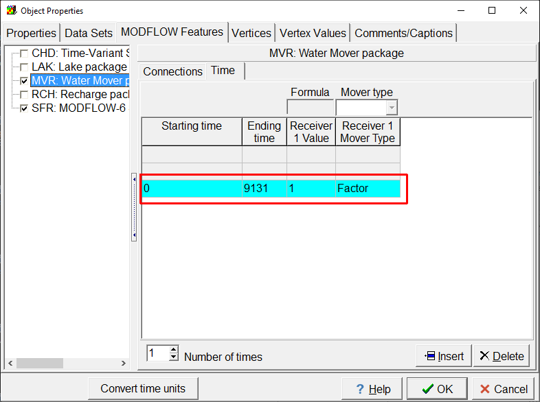 Screen capture of the Object Properties dialog box illustrating the specification of the rate of flow from a stream to a lake.