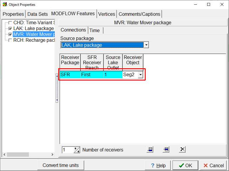 Screen capture of the Object Properties dialog box illustrating the specification of the MVR package from a lake to a stream.