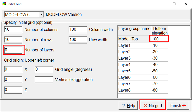 Screen capture of the Initial Grid dialog box illustrating specifying the number of layers and the elevation of the top of the model.