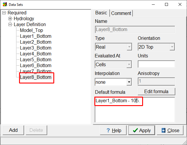 Screen capture of the Data Sets dialog box showing the specification of the default formula for the bottom of layer 8.