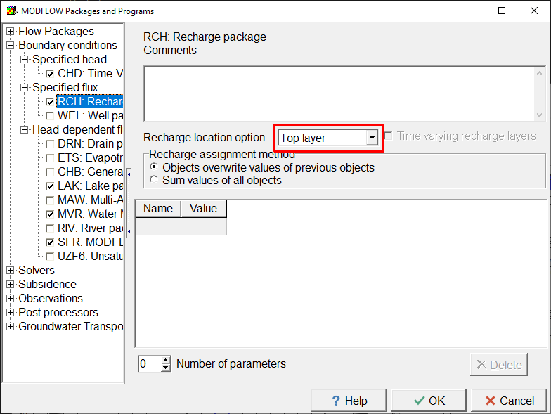 Screen capture of the MODFLOW Packages and Progsrams dialog box with boundary condition packages selected.