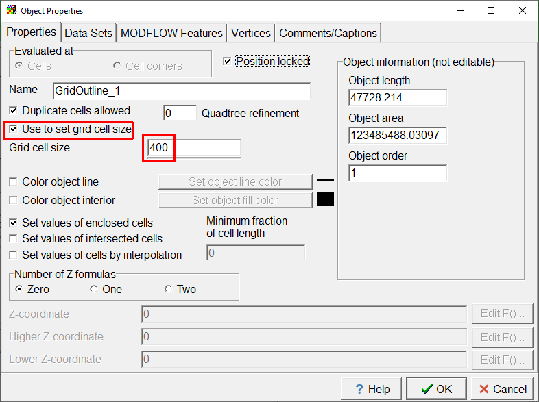 Screen capture of the Object Properties dialog box with the "Use to set grid cell size" checked and the cell size set to 400.