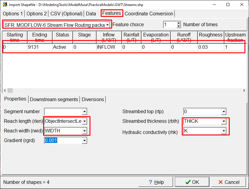 Screen capture of the Import Shapefile dialog box being used to import stream segments.