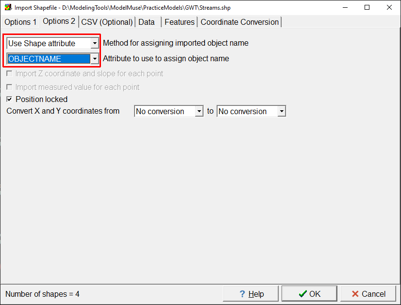 Screen capture of the Import Shapefile dialog box showing the OBJECTNAME attribute being used to specify the names of the imported objects.