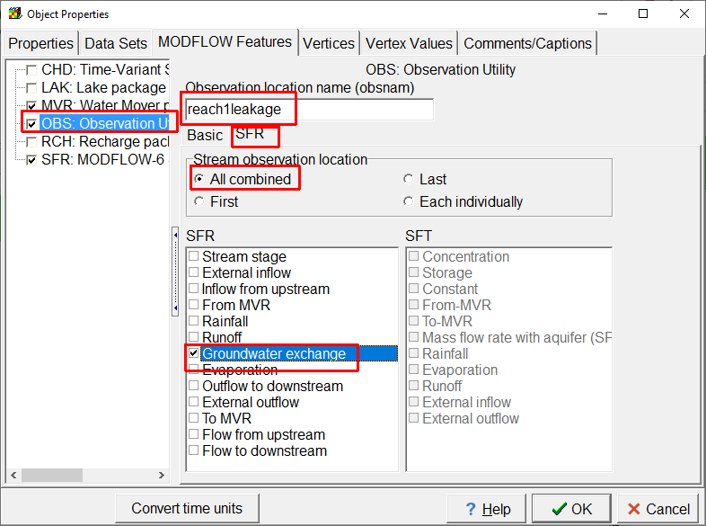 Screen capture of teh Object Properties dialog box illustrating the specification of an observation in a stream segment.