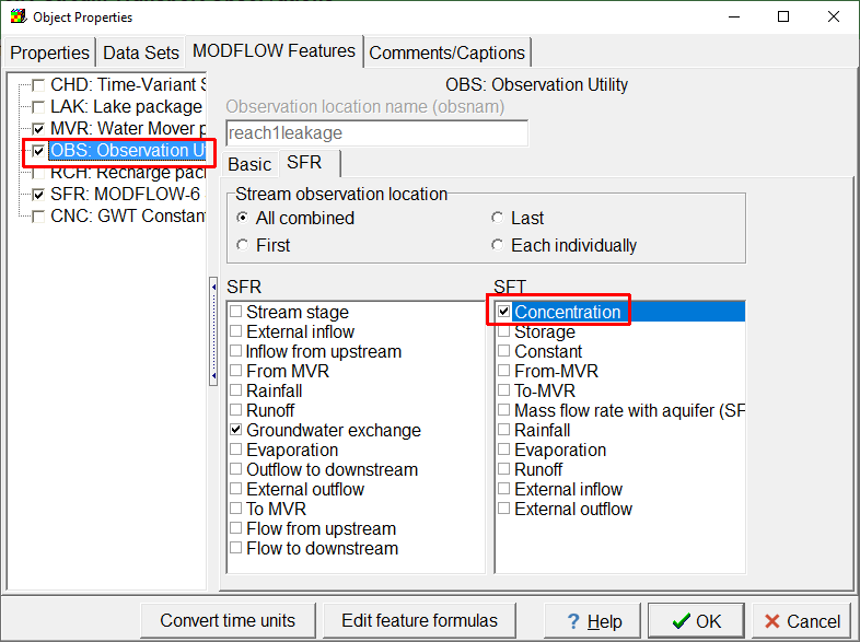 Screen capture of the Object Properties dialog box illustrating the specification of stream transport observations.