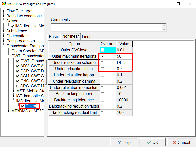 Screen capture of the MODFLOW Packages and Programs dialog box showing specification of some options for the IMS package for the solute transport model.