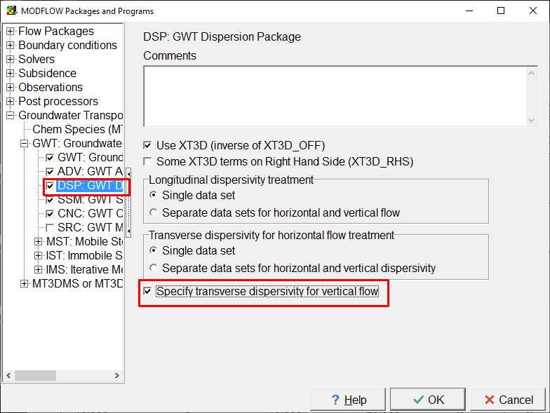 Screen capture of the MODFLOW Packages and Programs dialog box illustrating the activation of the Transverse dispersivity for vertical flow option.