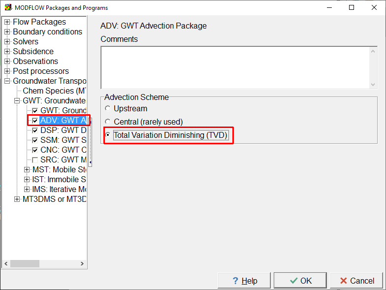 Screen capture of the MODFLOW Packages and Programs dialog box illustrating the activation of the GWT Process and related packages.