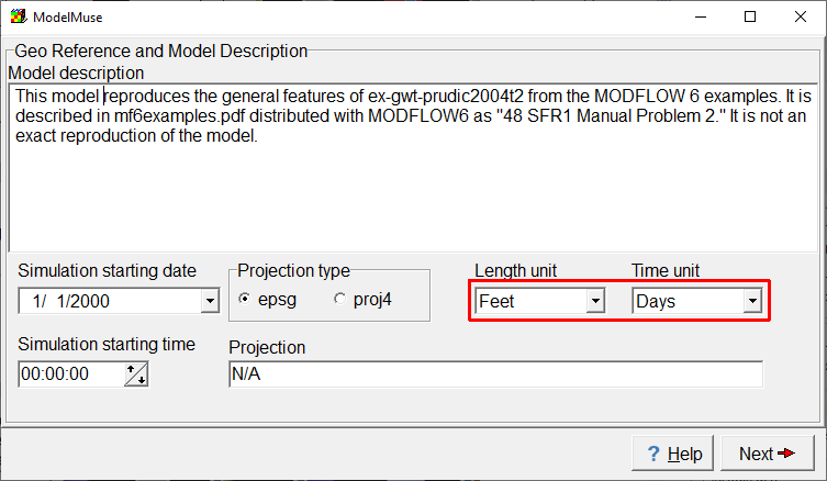 Screen capture of the Initial Grid dialog box illustrating the specification of the length and time units.