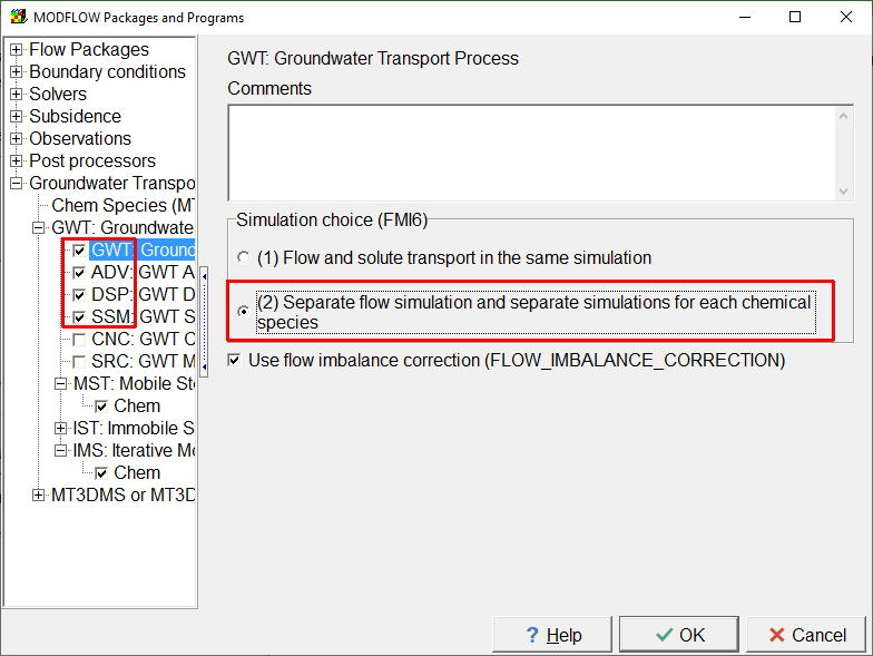 Screen capture of the MODFLOW Packages and Programs dialog box, showing activation of the GWT process and specification of separate flow and transport simulations.