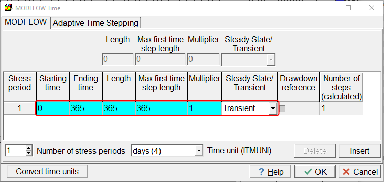 Screen capture of the MODFLOW Time dialog box illustrating the specification of a single transient stress period.