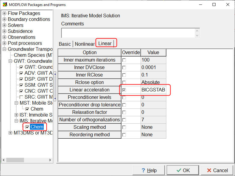 Screen capture of the MODFLOW Packages and Programs dialog box, showing activation of the BICGSTAB option in the solver for the GWT process.