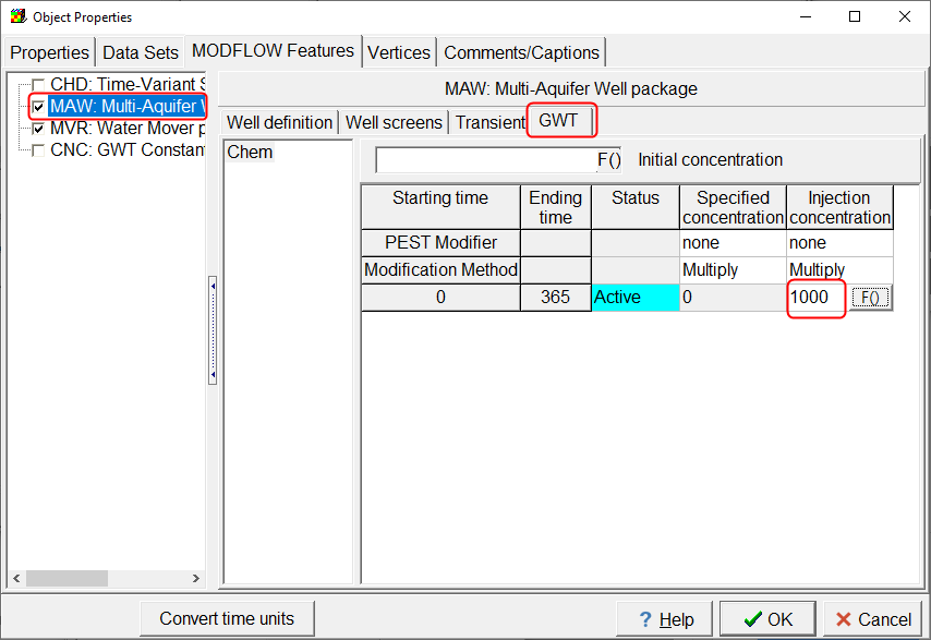 Screen capture of the Object Properties dialog box showing the specification of the injection concentraton.