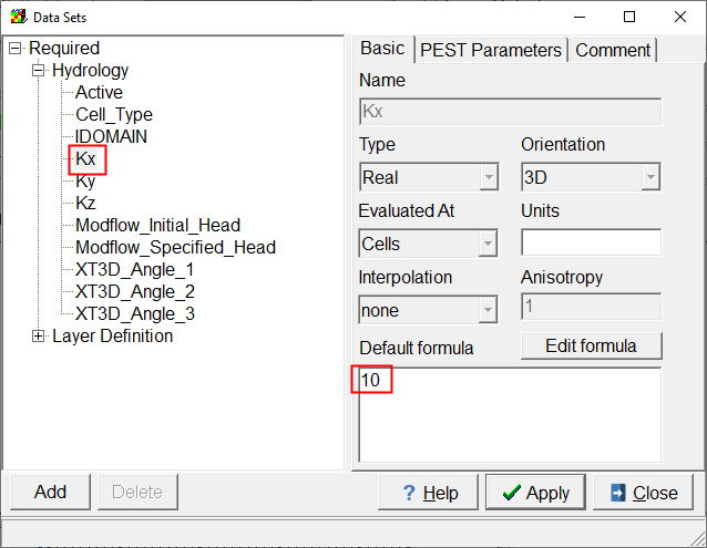 Screen capture of the Data Sets dialog box showing the default formula for the Kx data set.