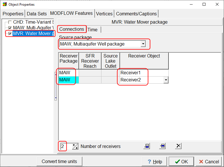 Screen capture of the Object Properties dialog box showing the specification of the MVR connections.