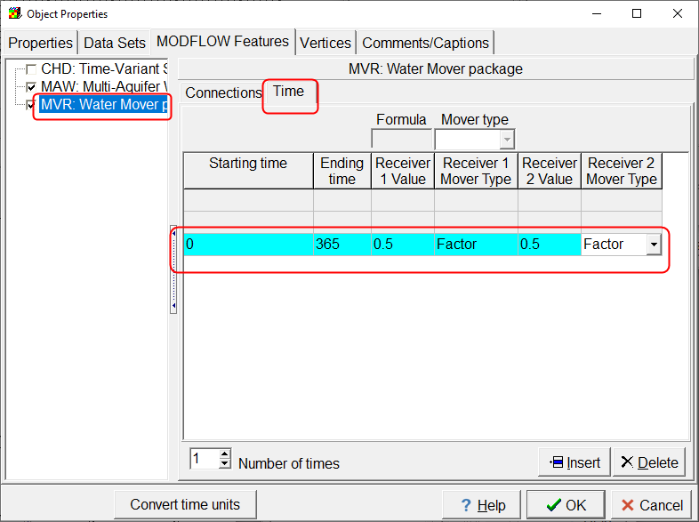 Screen capture of the Object Properties dialog box showing the specification of the MVR flow rates.