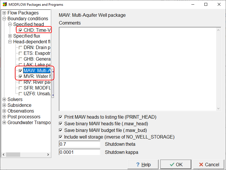 Screen capture of the MODFLOW Packages and Programs" dialog box with the CHD, MAW and MVR packages activated.