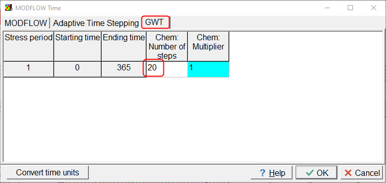 Screen capture of the MODFLOW Time dialog box showing the number of time steps in the transport model.