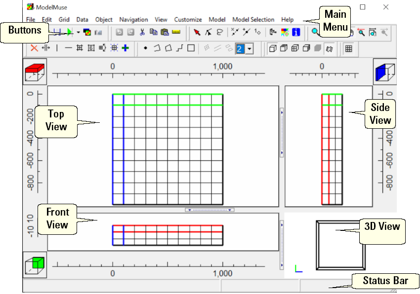 The main window of ModelMuse with each part labeled