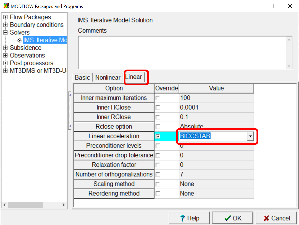 BICGSTAB option selected in the solver linear options.